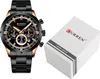 A black and gold Curren chronograph watch is displayed next to its white packaging box. Náhled obrázku produktu