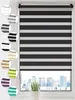 A black and white striped roller blind is shown in a window, with various color swatches of the same blind design displayed to the left. Náhled obrázku produktu