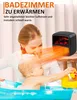 A mother and baby in a bathtub, with a small heater emitting warm air. Produktbild-Vorschau