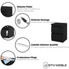 A collage of images showcasing the features and details of a black nightstand. It includes close-ups of the material, assembly components, drawer slides, and a cleaning illustration, along with a full product shot and the brand logo. Voir les images du produit