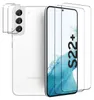 A white Samsung Galaxy S22 Plus phone with screen protectors and camera lens protectors shown from the back and front. Produktbild-Vorschau