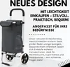 A gray shopping trolley is shown against a white background, with German marketing text on the right side. Voir les images du produit