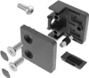 An exploded view of a glass clamp assembly, showing individual components like screws, a mounting bracket, and a glass holder. Produktbild-Vorschau