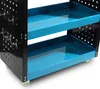 A close-up view of a black and blue rolling tool cart with two shelves and hooks on the side. Produktbild-Vorschau