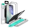 A product shot of a screen protector kit for an iPhone, including the packaging, the screen protector, and an alignment tool. Produktbild-Vorschau