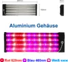 A diagram showing the dimensions of an LED plant grow light, followed by an image of the light emitting red and pink light, with color spectrum information below. Náhľad obrázku produktu