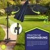 A navy blue cantilever umbrella is shown in a garden setting, with close-ups highlighting its features. Náhled obrázku produktu