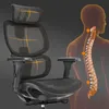 A black ergonomic office chair is shown next to a diagram of a human spine, highlighting the chair's support features. Podgląd zdjęcia produktu