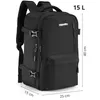 A black backpack with dimensions and capacity indicated by text overlays. Produktbild-Vorschau