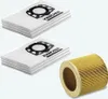 Two stacks of white vacuum cleaner bags and one yellow cylindrical filter are arranged on a light gray background. Produktbild-Vorschau