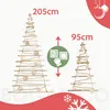 Two wooden Christmas trees of different sizes are displayed, with measurements indicated. A graphic shows a hand selecting an option. Anteprima dell’immagine prodotto
