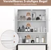 A close-up shot of a white cabinet with open doors, displaying various bathroom items and rolled towels on shelves. The cabinet has a modern design with wooden handles. Overlays indicate the weight capacity of the shelves and dimensions of another product. Produktbild-Vorschau