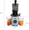 A silver and black Unold slow juicer is shown with two clear containers, one filled with chopped fruit and the other with orange juice. Dimensions are indicated with lines and text. Anteprima dell’immagine prodotto