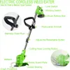 Diagram of a green electric cordless weed eater with labels pointing out its various parts. Produktbild-Vorschau