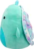 A side view of a teal plush turtle toy with a tie-dye shell. Voir les images du produit