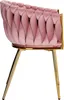 A side view of a pink velvet chair with gold legs. Produktbild-Vorschau
