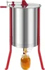 A stainless steel honey extractor with red legs and a red handle, with honey dripping into a glass jar below. Anteprima dell’immagine prodotto