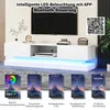 A white TV stand with LED lighting, shown in a living room setting with a TV on top. Below the stand are app interfaces showcasing different lighting features. Produktbild-Vorschau
