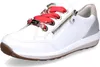 A white leather sneaker with red and floral patterned laces and a side zipper. Produktbild-Vorschau