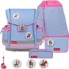A set of school supplies including a backpack, a drawstring bag, a pencil case, and a wallet, all with a horse and rider theme. Produktbild-Vorschau