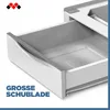 A close-up view of an open white drawer with a gray interior, showcasing its depth and design. Voir les images du produit