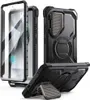 Multiple views of a black smartphone case with a built-in stand and screen protector. Produktbild-Vorschau