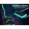 A gaming chair with a retractable footrest shown with dimensions. Produktbild-Vorschau