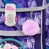 A close-up view of a school backpack with a floral and leaf pattern, featuring a small white device with pink accents and a fluffy pink pom-pom attached. Produktbild-Vorschau