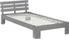 A grey wooden single bed frame with a slatted base and a horizontal slatted headboard, shown from a slightly elevated side angle against a white background. Náhled obrázku produktu