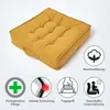 A yellow seat cushion is shown with several icons and text describing its features. Náhled obrázku produktu