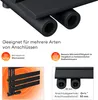 Close-up view of a black radiator with text and icons describing its features and specifications. Produktbild-Vorschau