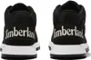 The back view of two black Timberland boots with white soles and white Timberland branding on the back heel. Voir les images du produit