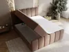 A brown upholstered boxspring bed with its storage compartment open, revealing a white mattress and topper. Produktbild-Vorschau