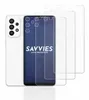 A white smartphone with a camera array on the back is shown next to three clear screen protectors. The screen of the phone displays the brand name 'SAVVIES' and 'SMART PROTECTION'. Produktbild-Vorschau