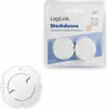 A product package containing two white child safety plugs for electrical outlets, shown alongside one individual plug. Produktbild-Vorschau