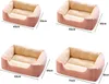 Four different sizes of pink pet beds are shown, each with dimensions indicated. Produktbild-Vorschau