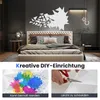 A bedroom scene with a bed and decorative wall panels. Voir les images du produit