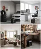 Collage of four scenes showing a portable heater in different environments: a garage with a car, an office, a living room, and a workshop. Produktbild-Vorschau