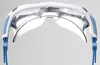 A close-up studio shot of a pair of white and blue swimming goggles against a light gray background. Voir les images du produit
