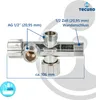 A chrome-plated brass fitting with measurement indicators and text labels. Produktbild-Vorschau