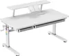 A white height-adjustable children's desk with a shelf and book holder. Produktbild-Vorschau