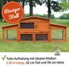 A wooden rabbit hutch with a rabbit in front of it, set on a grassy lawn with trees in the background. Produktbild-Vorschau