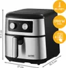 A studio shot of a black and silver air fryer with dimensions and feature callouts. Produktbild-Vorschau