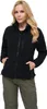 A woman wearing a black fleece jacket and green cargo pants, posing against a white background. Produktbild-Vorschau