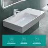 A modern bathroom sink with a faucet, set against a textured wall and tiled floor. The bottom of the image features a teal banner with icons and text. Produktbild-Vorschau