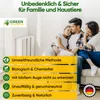 A family is sitting on a couch in a brightly lit room, with marketing text overlays and a brand logo. Produktbild-Vorschau