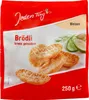A red and white package of 'Jeden Tag Brödli Weizen' with images of the product and some cucumber slices and dill. Produktbild-Vorschau