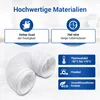 A white flexible hose is shown bent in a curve, with marketing text and icons above and to the right. Produktbild-Vorschau