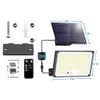A flat lay image showing a solar flood light kit with its components and dimensions. Produktbild-Vorschau