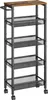 A narrow, five-tier rolling storage cart with a wooden top and black metal mesh shelves. Produktbild-Vorschau